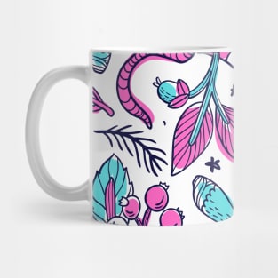 Blue and pink bird with worm and flowers pattern Mug